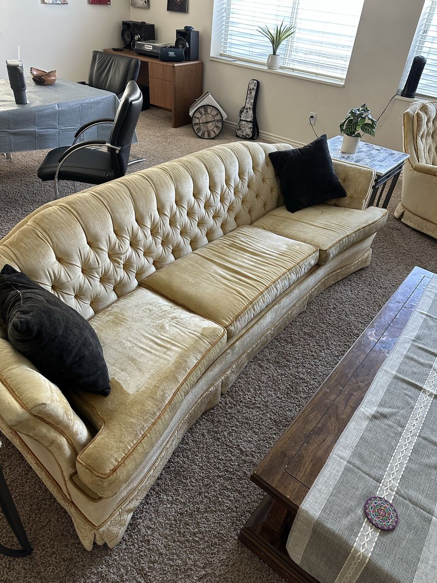 Vintage Gold Tufted Couch and 2 Armchair Set - Mid-Century Style Living Room Furniture
