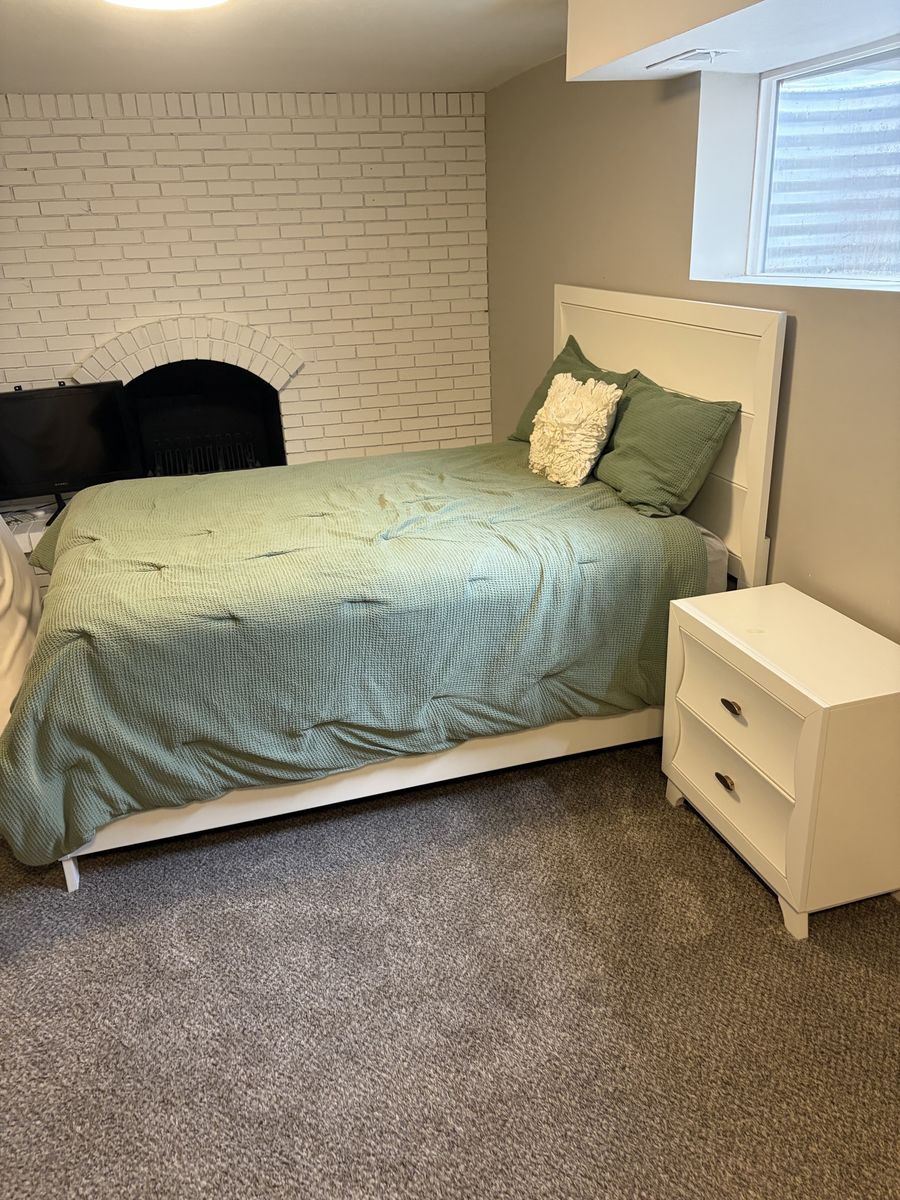 White Wooden Platform Bed Frame with Headboard and Under-Bed Storage Drawers