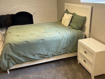 White Wooden Platform Bed Frame with Headboard and Under-Bed Storage Drawers
