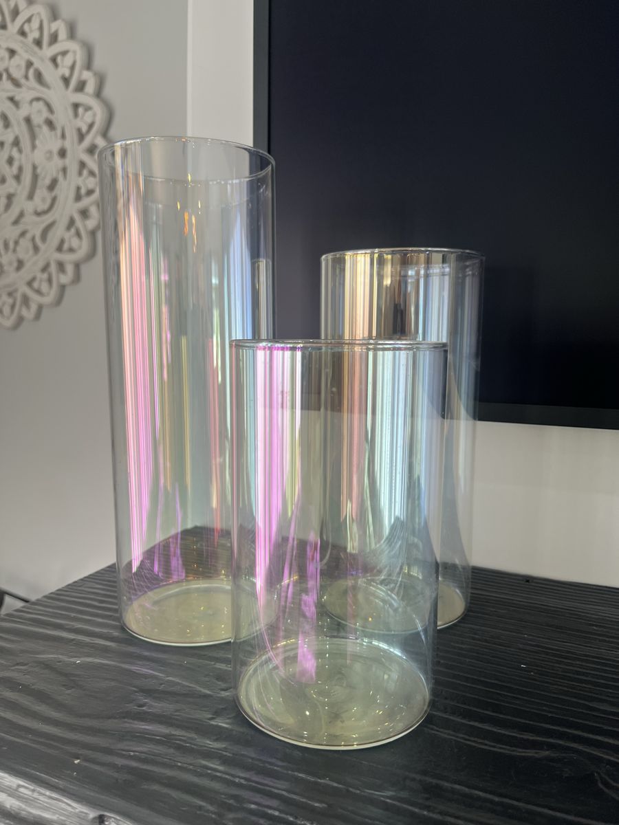 Set of 3 Iridescent Glass Cylinder Vases of Varying Heights