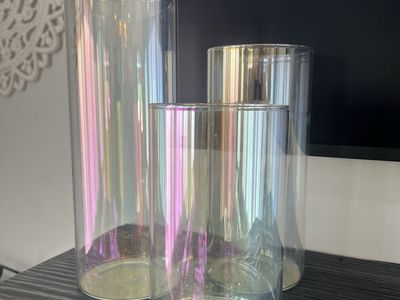 Set of 3 Iridescent Glass Cylinder Vases of Varying Heights