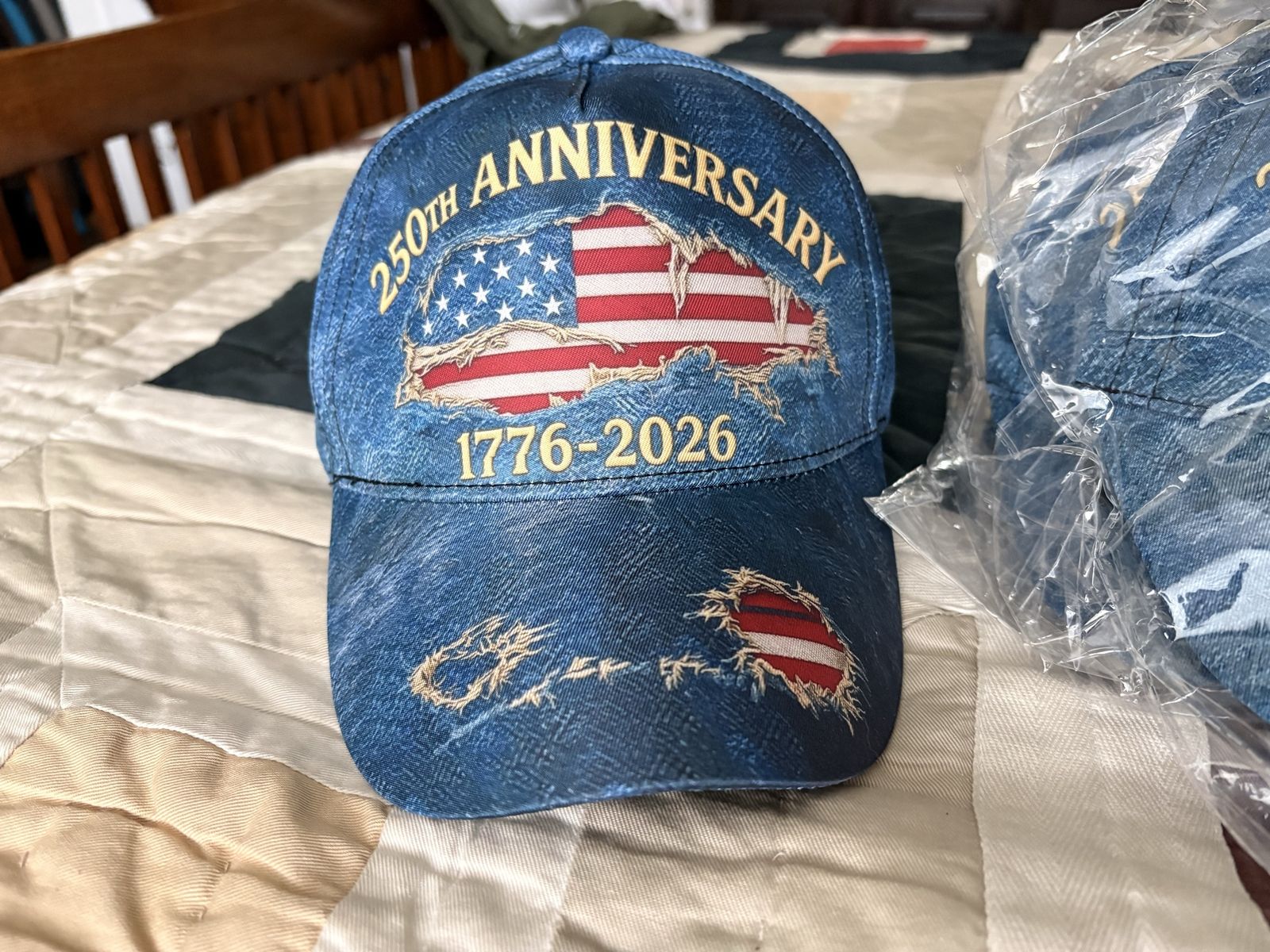250th USA Anniversary 1776-2026 Flag Distressed Denim Baseball Cap Hat