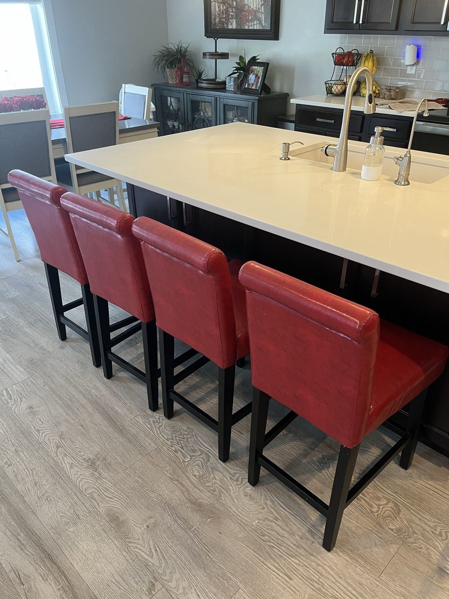Set of 4 Red Faux Leather Barstools with Dark Wood Legs