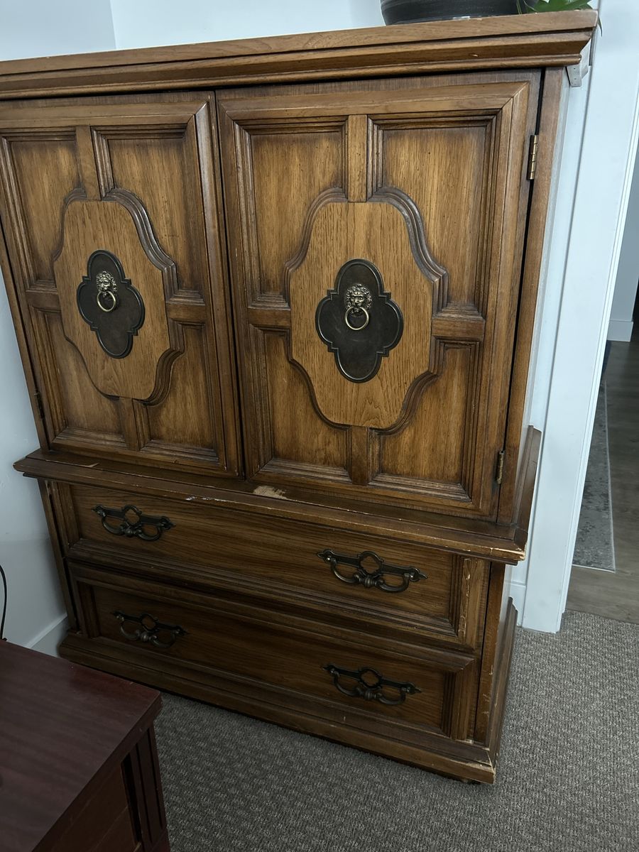 Vintage Wooden Armoire Wardrobe with Lion Head Pulls & 2 Drawers