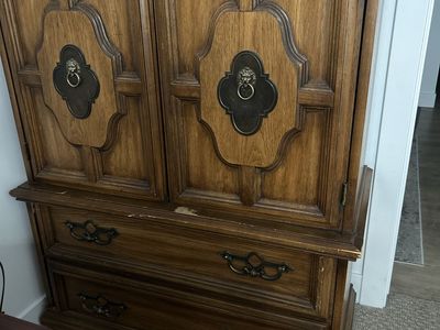 Vintage Wooden Armoire Wardrobe with Lion Head Pulls & 2 Drawers