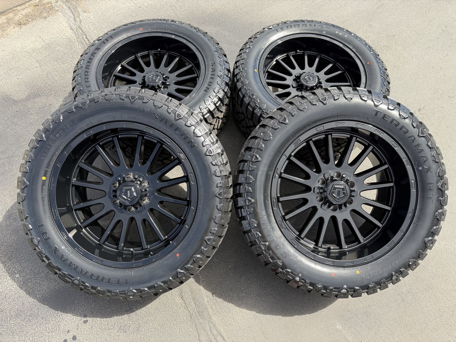 New TIS 567B 33x12.50r20 Terramax RT 6x5.5 Chevy Silverado 1500 GMC 6x135 Ford F150 6 lug wheels tires Black 568 3 peak snow