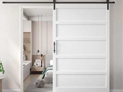 60x84 inch White Barn Door with 10FT Sliding Door Hardware Kit Included & Handle,MDF,Solid PVC Surface,DIY Assembly,5-Panel