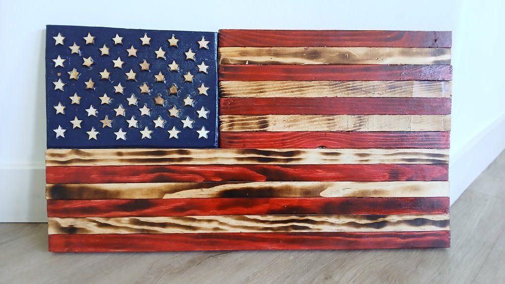 Handcrafted Torched Wood American Flag Wall Art - Rustic Home Decor