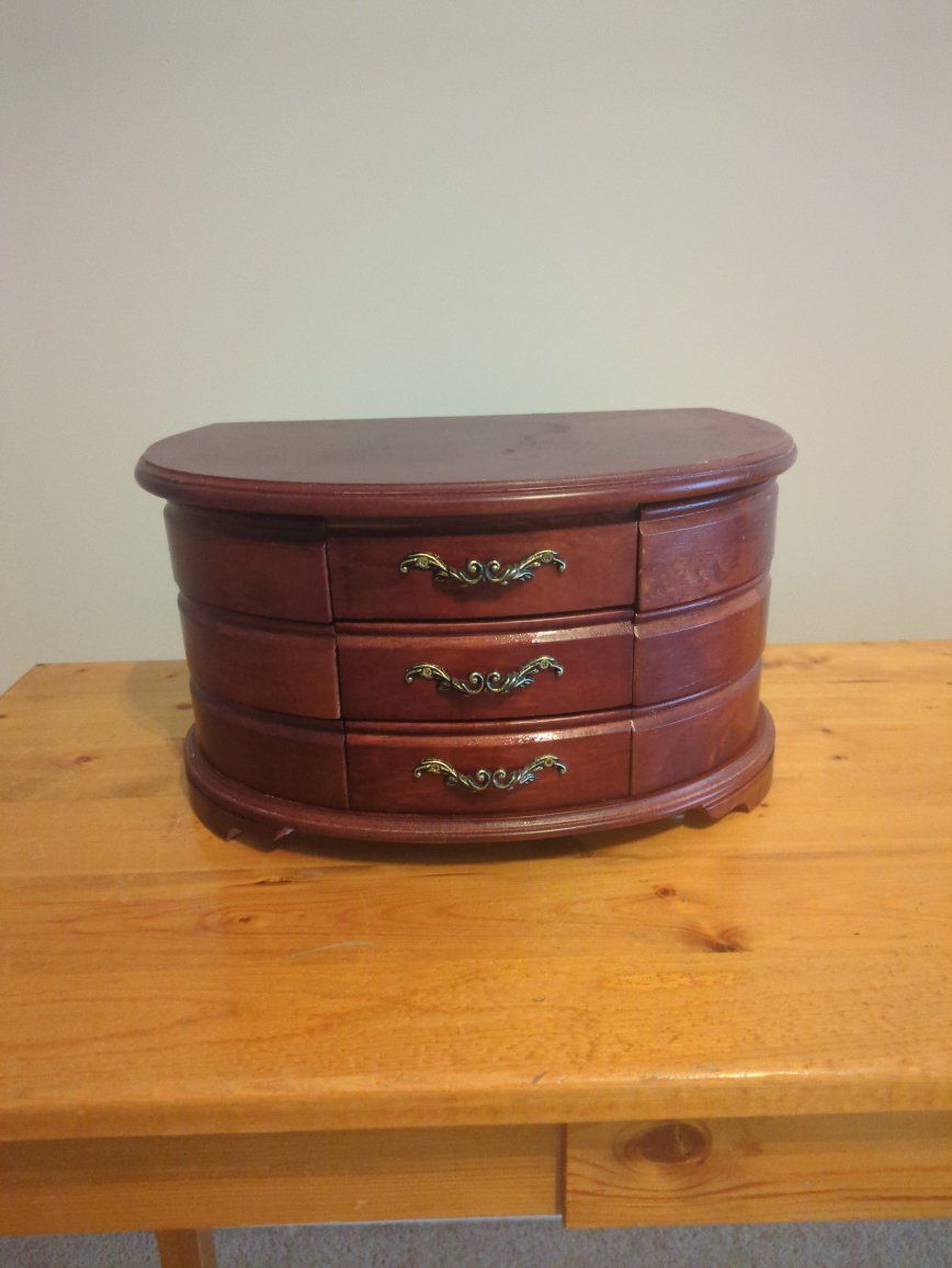 Vintage Wooden Jewelry Box with Mirror, Drawers, and Swing-Out Sides