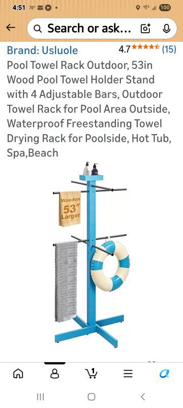 New in Box! Wooden Blue Outdoor Pool Towel Rack