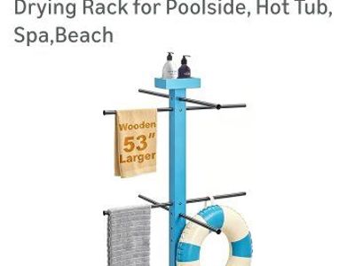New in Box! Wooden Blue Outdoor Pool Towel Rack
