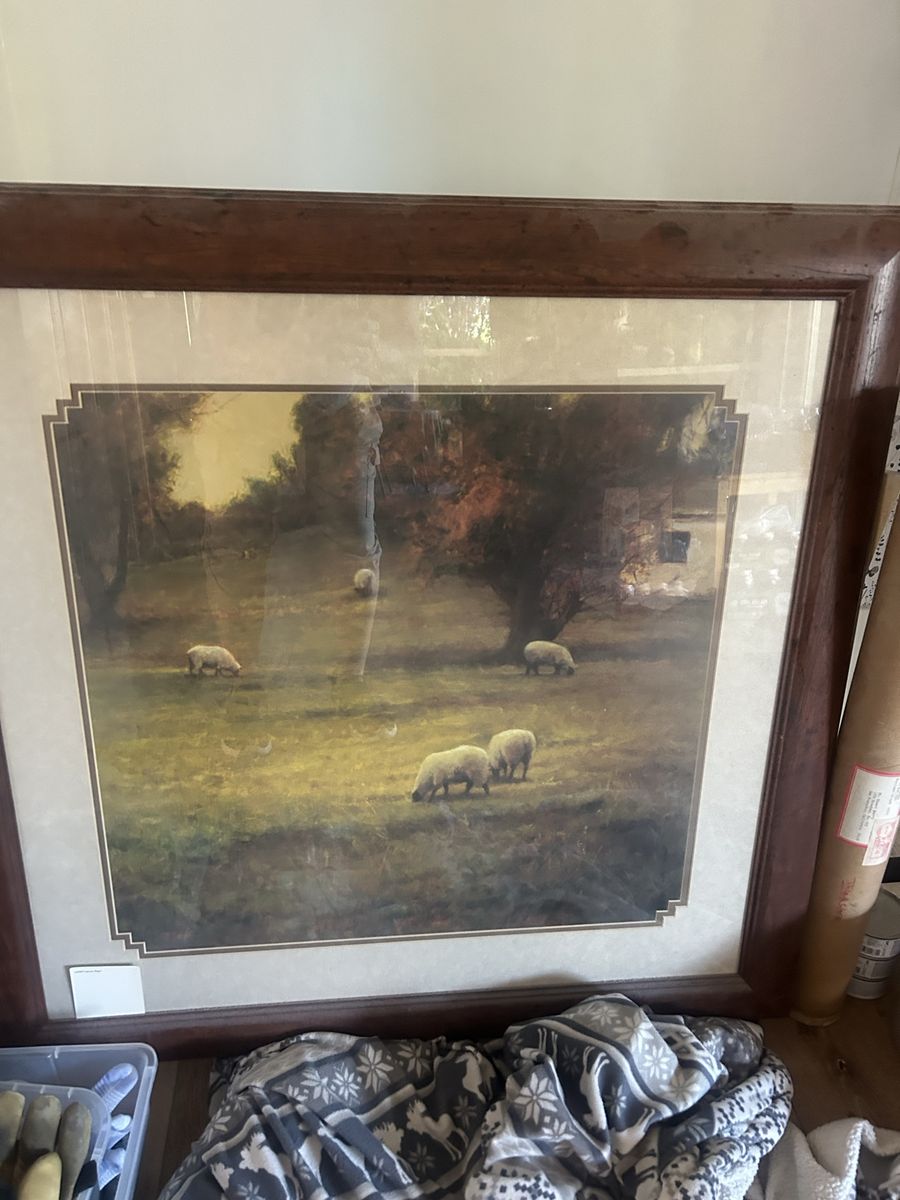 Framed Sheep Pasture Landscape Art Print - Muted Tones, Rustic Wood Frame