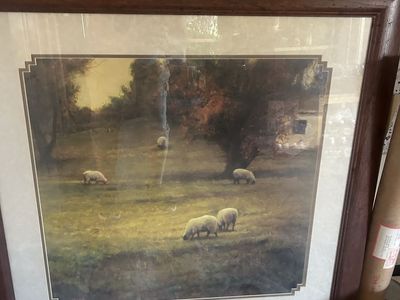 Framed Sheep Pasture Landscape Art Print - Muted Tones, Rustic Wood Frame