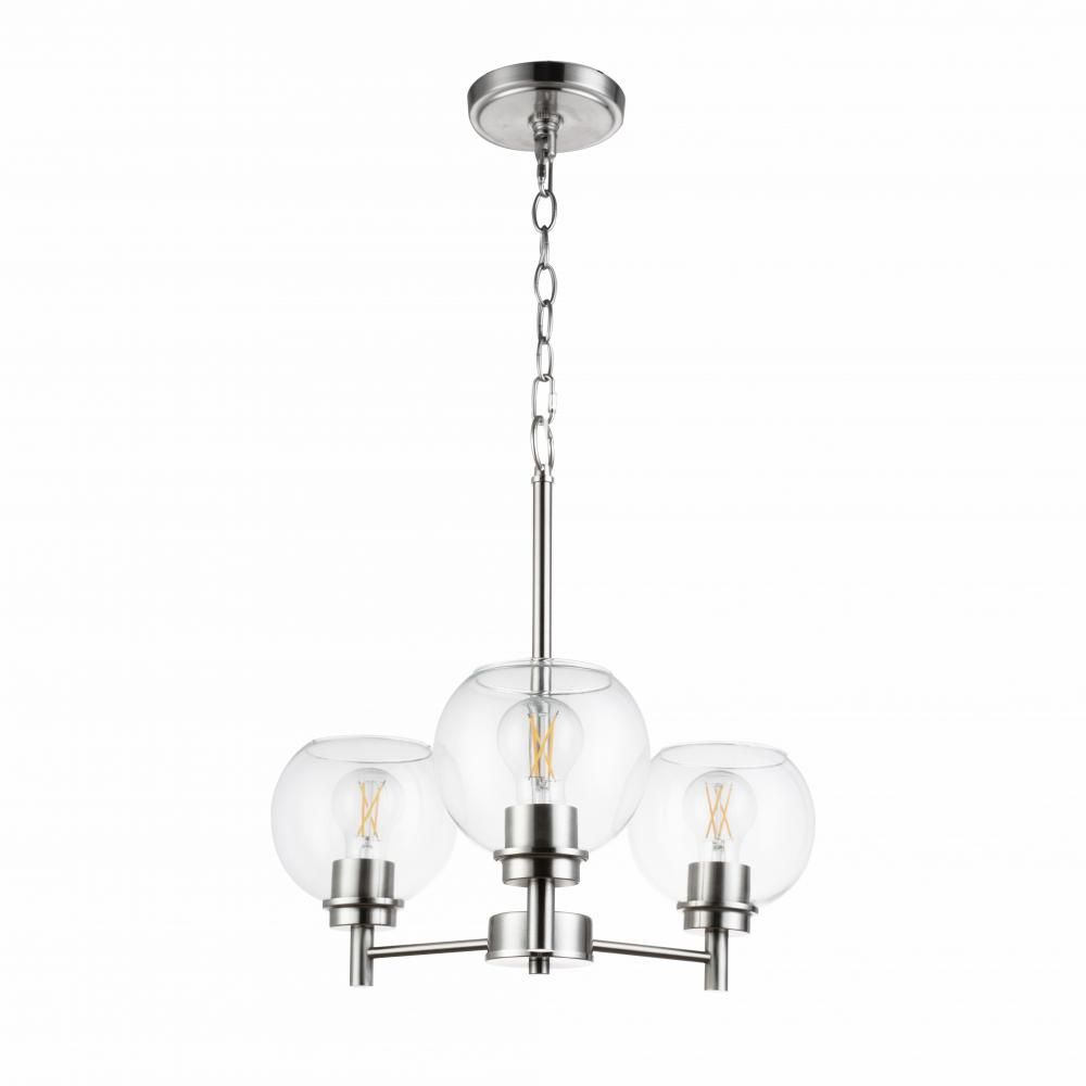 Modern 3 Light Chandelier Nickel  Finish Clear Round Glass