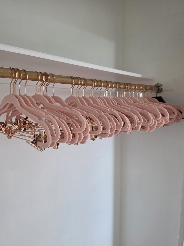 Pink Velvet Clothes Hangers with Rose Gold Clips - Set of Multiple (40)