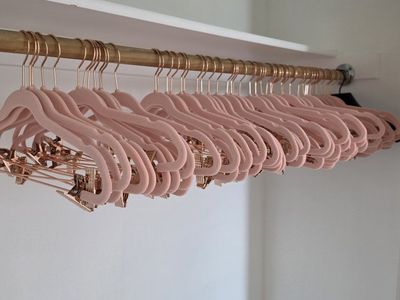 Pink Velvet Clothes Hangers with Rose Gold Clips - Set of Multiple (40)