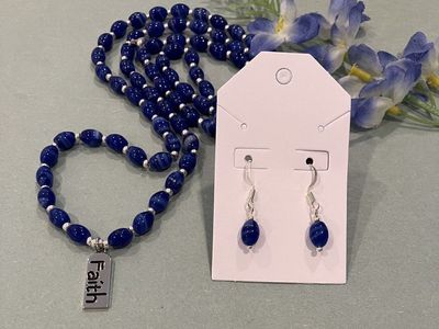 Royal Blue & Silver Faith Pendant Necklace And Drop Style Matching Earrings