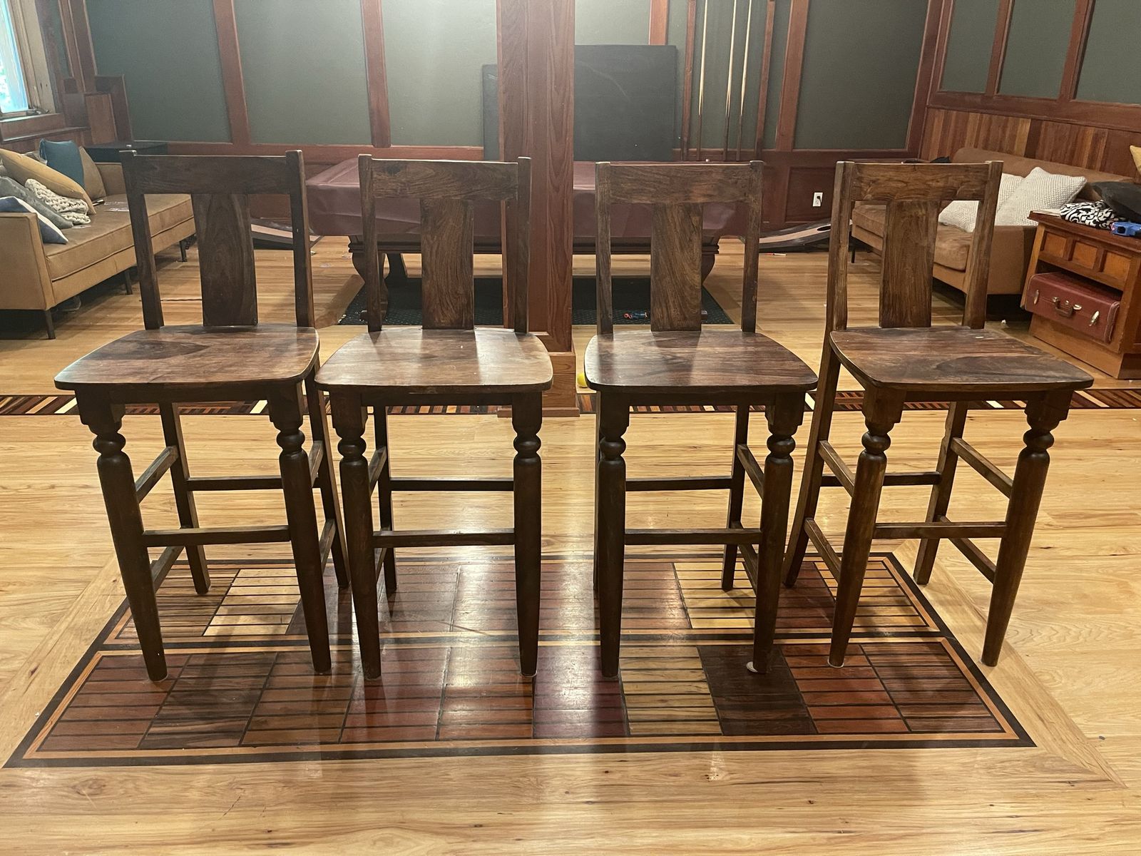 Set of 4 Wooden Bar Stools - Dark Wood Finish, Classic Design, Tall Seating