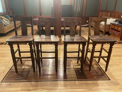 Set of 4 Wooden Bar Stools - Dark Wood Finish, Classic Design, Tall Seating