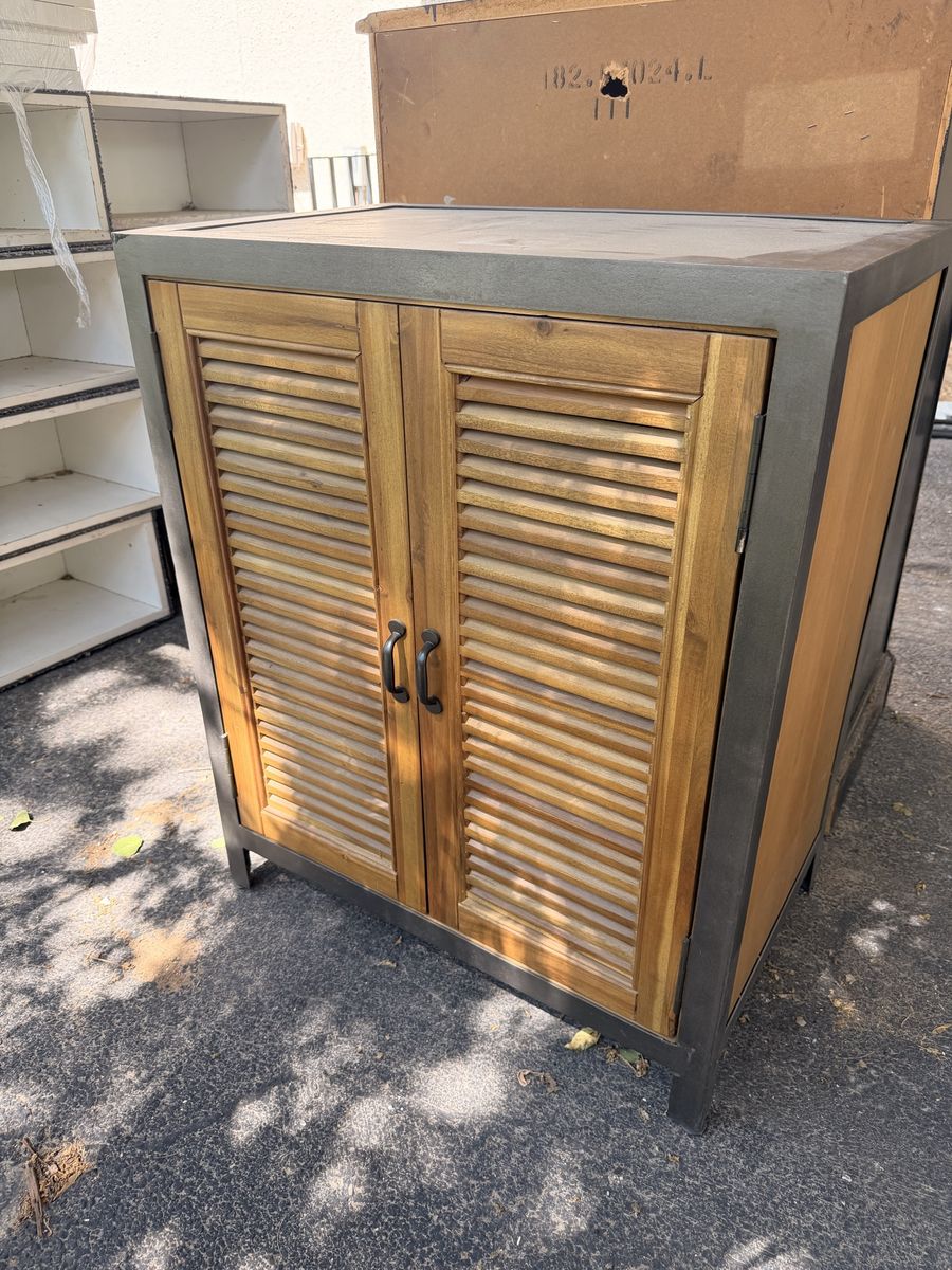 Rustic Industrial Wood & Metal Two-Door Storage Cabinet with Louvered Doors
