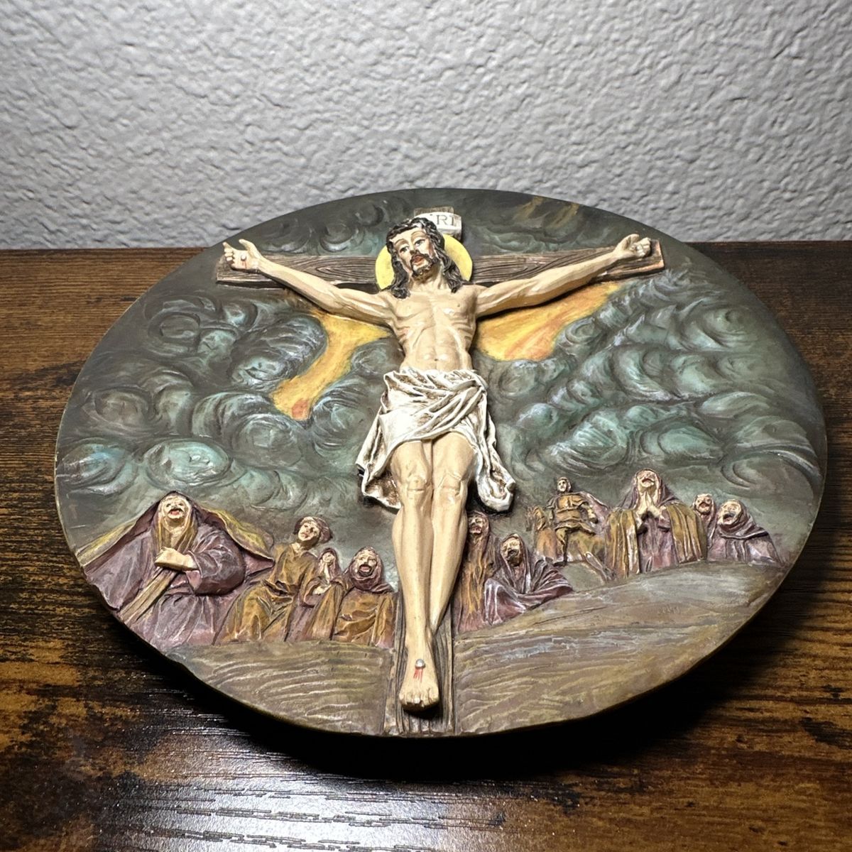 Vintage Crucifixion Jesus Christ Wall Plaque Religious Art Relief Sculpture Plate