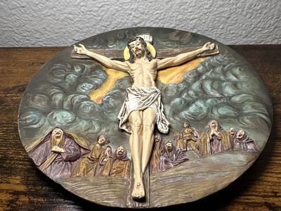 Vintage Crucifixion Jesus Christ Wall Plaque Religious Art Relief Sculpture Plate