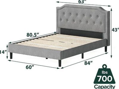 Upholstered Queen Size Platform Bed Frame with Tufted Headboard, 700lb Capacity, Grey