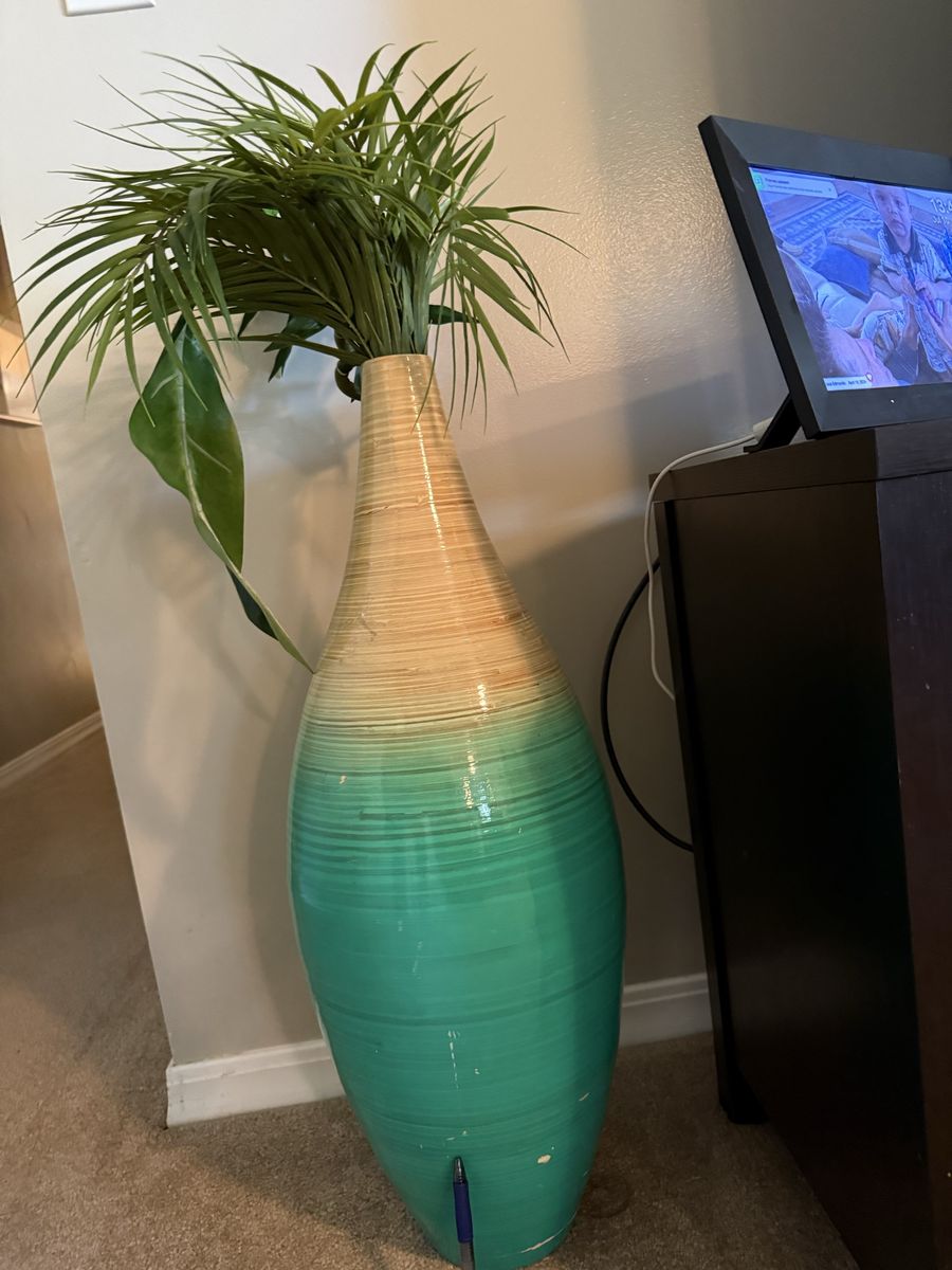 Large Ombre Bamboo Floor Vase with Artificial Palm Foliage - Teal & Natural Wood