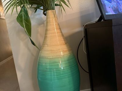 Large Ombre Bamboo Floor Vase with Artificial Palm Foliage - Teal & Natural Wood