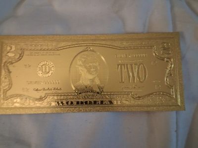 Gold Plated 2 Dollar Bill Legal Tender and a Collectible Novelty Item - 24k Gold 999999. commemorative means made in honor of