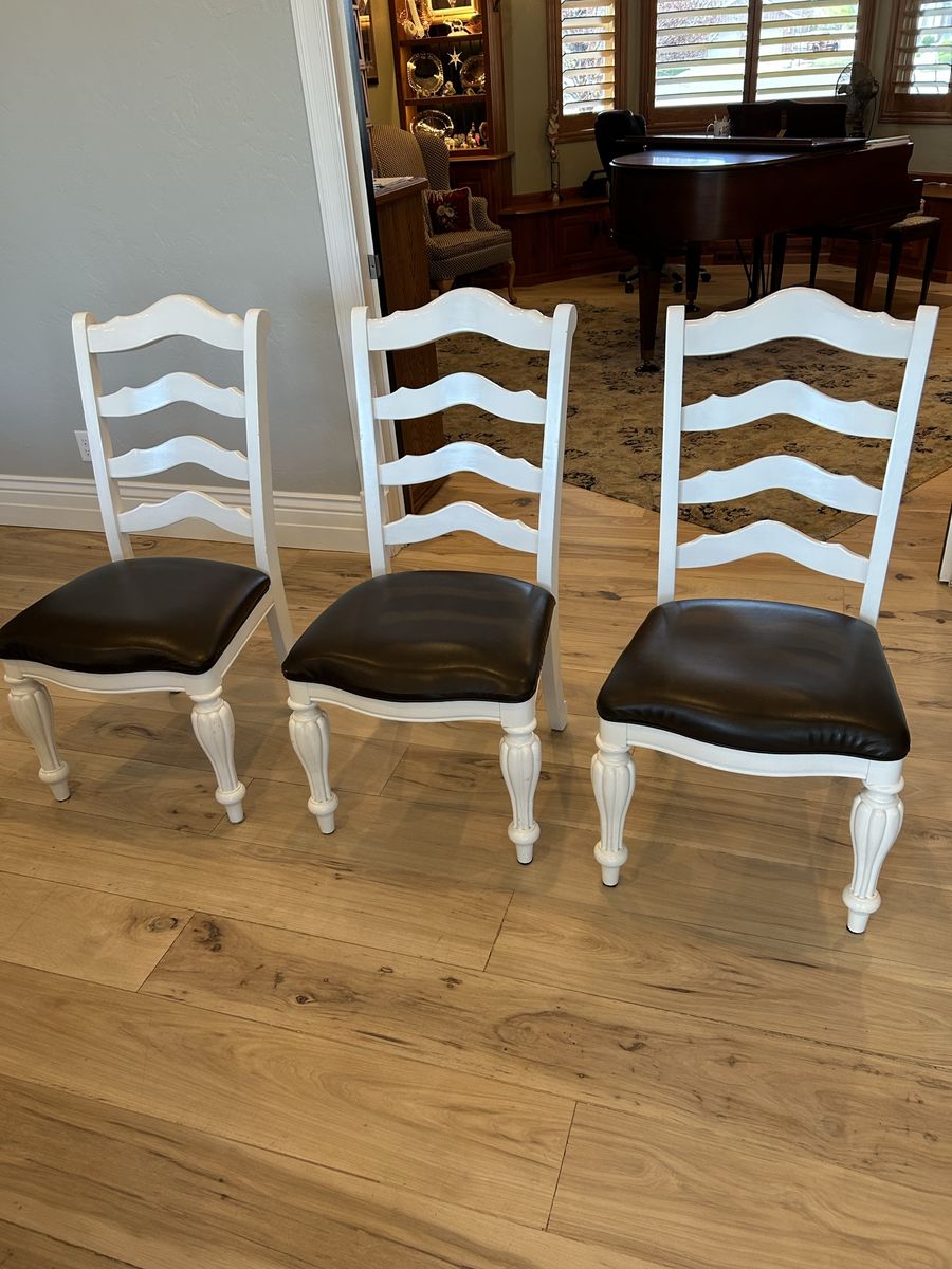 Set of 3 White High-Back Dining Chairs with Faux Leather Padded Seats