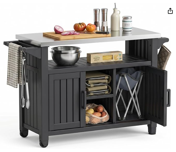 Outdoor Patio Storage Cabinet, Bar Cart/Table with Wheels