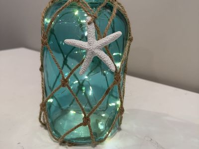 Beach theme centerpieces-Mason jar w/ flowers & matching table runners
