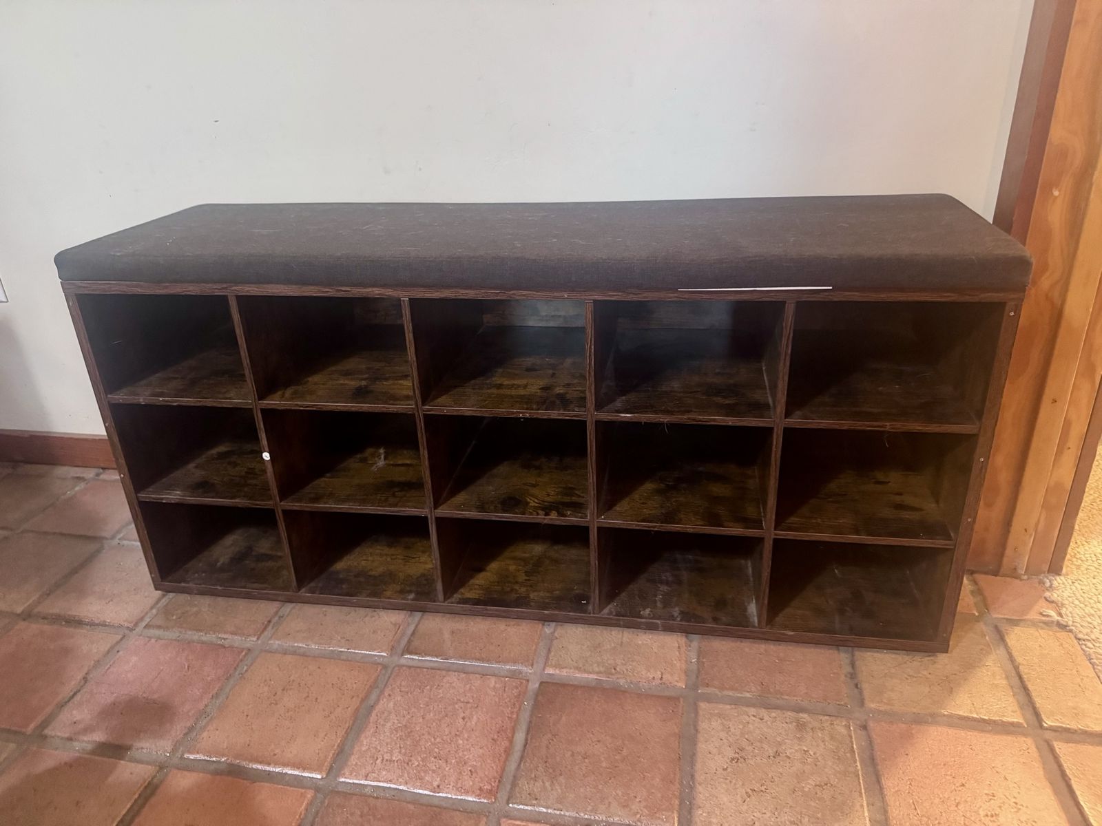 Dark Wood Cubby Shoe Storage Bench with Padded Cushion