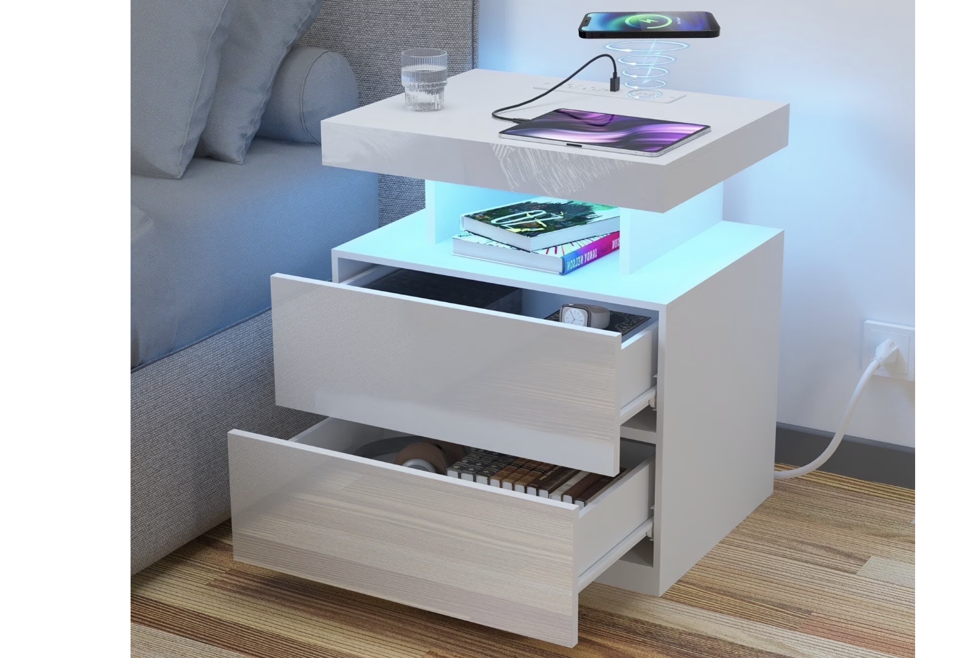 New in BoxLED Nightstand with Wireless Charging Station Modern Nightstand Type C USB Port 2 Drawers Bedside Table