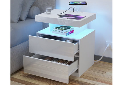 New in BoxLED Nightstand with Wireless Charging Station Modern Nightstand Type C USB Port 2 Drawers Bedside Table
