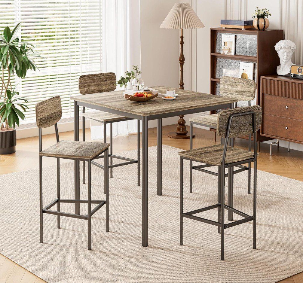 Compact 5-Piece Bar Height Dining Set - Square Table & 4 Stools, Industrial Wood/Metal Design