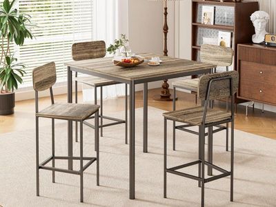 Compact 5-Piece Bar Height Dining Set - Square Table & 4 Stools, Industrial Wood/Metal Design