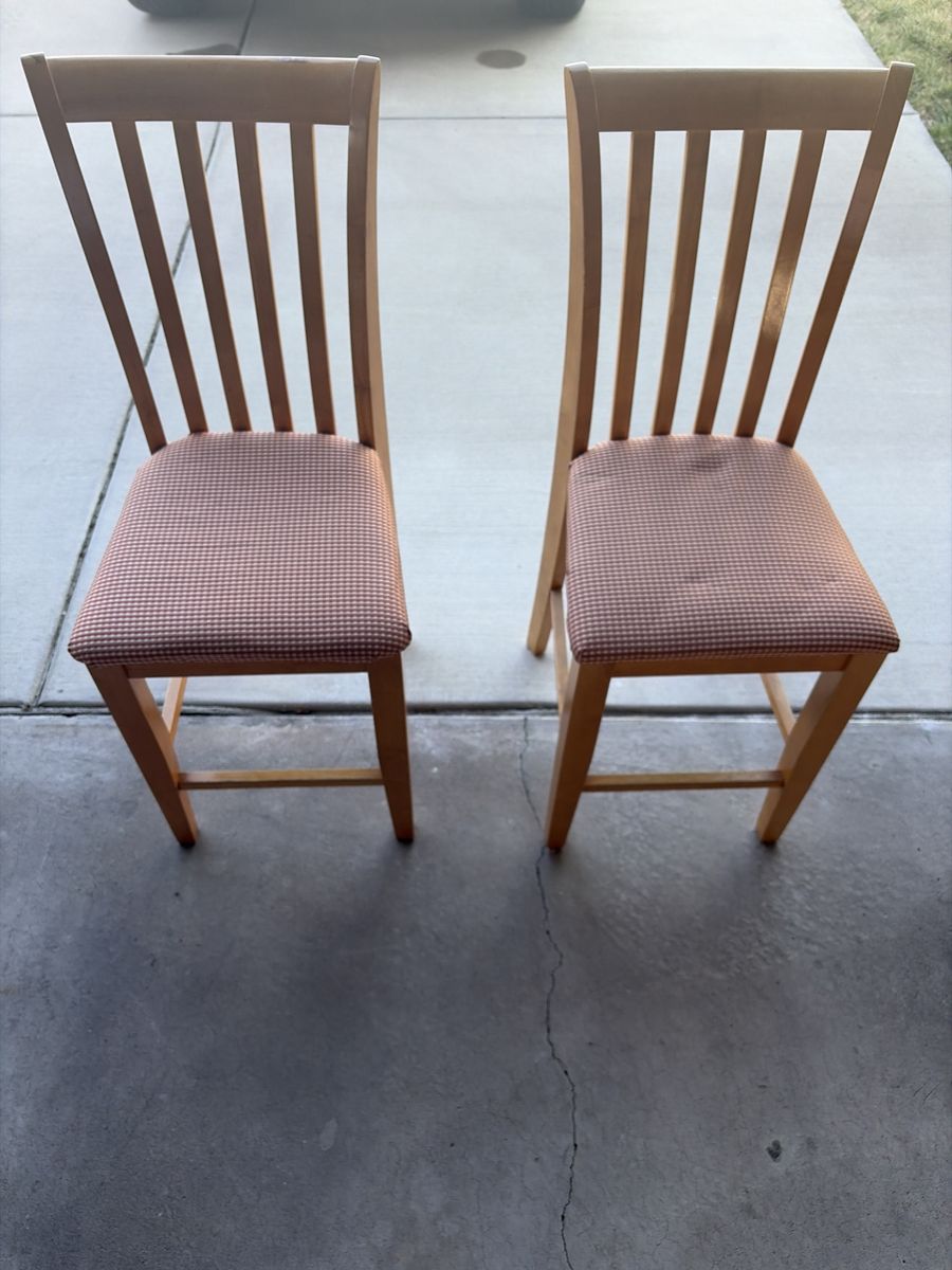 Pair of Light Wood Dining Chairs with Plaid Upholstered Seats - Used