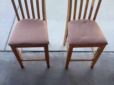 Pair of Light Wood Dining Chairs with Plaid Upholstered Seats - Used