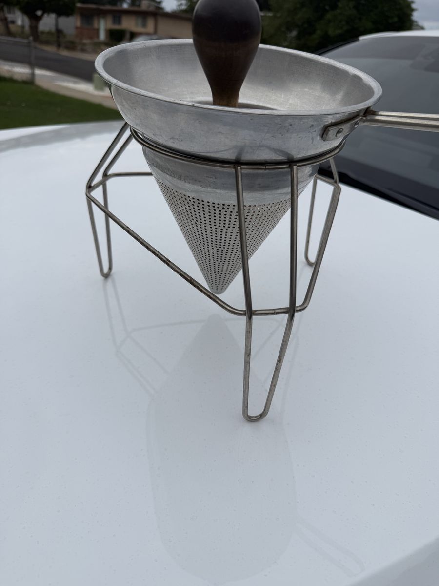 Vintage Aluminum Cone Strainer Chinois Sieve with Wire Stand and Wooden Pestle