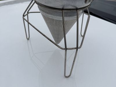 Vintage Aluminum Cone Strainer Chinois Sieve with Wire Stand and Wooden Pestle