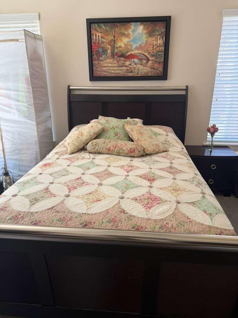 Dark Wood Queen Size Sleigh Bed Frame, Dresser, and Nightstand Set - Great Condition