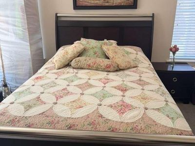 Dark Wood Queen Size Sleigh Bed Frame, Dresser, and Nightstand Set - Great Condition