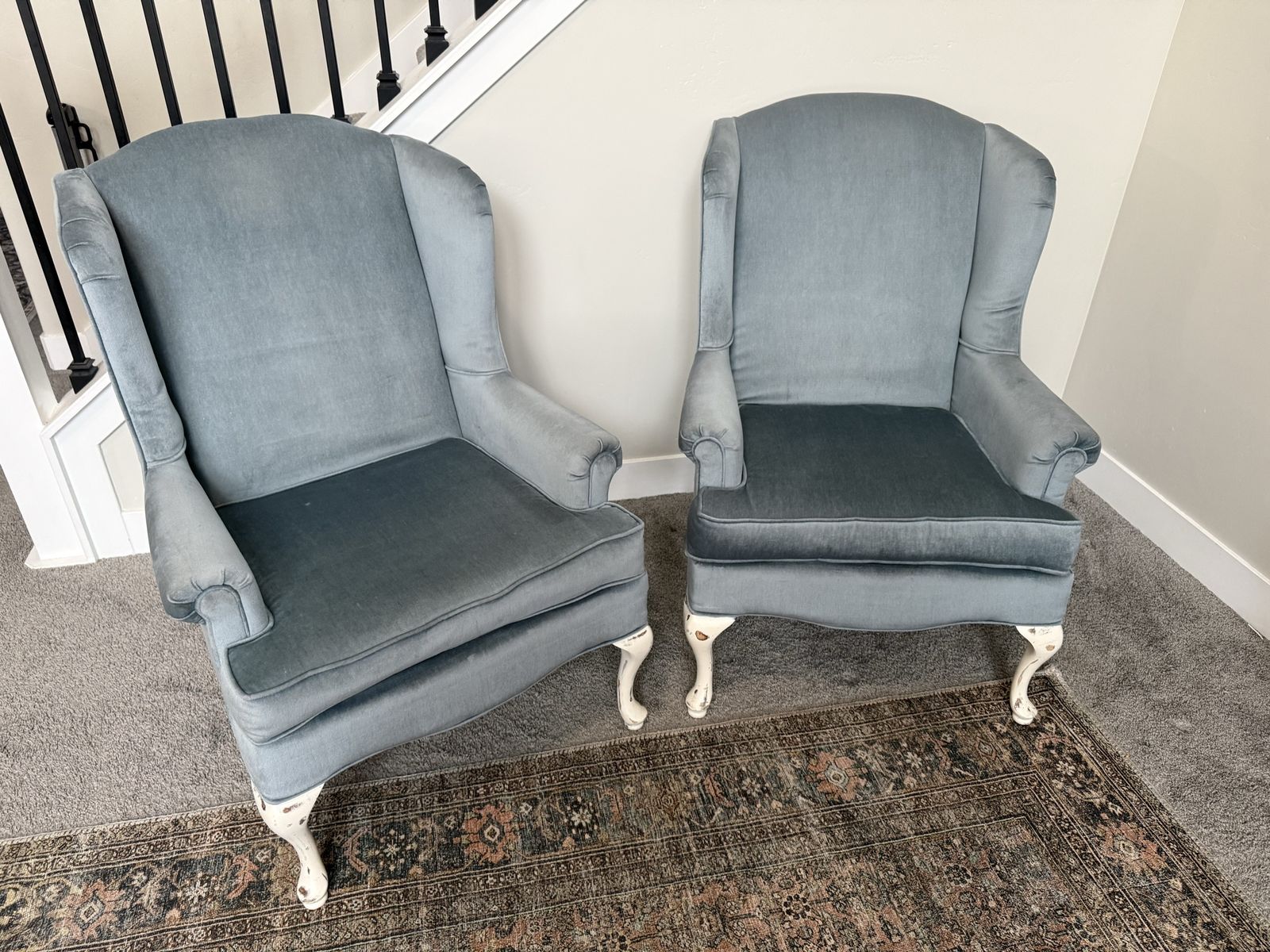 Set of 2 Wingback Velvet Chairs - Light Blue with Distressed White Legs