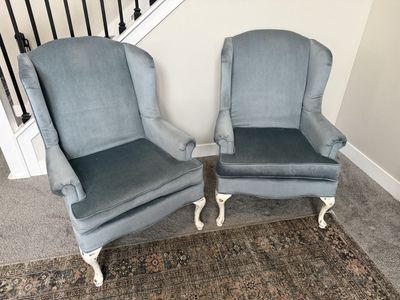 Set of 2 Wingback Velvet Chairs - Light Blue with Distressed White Legs