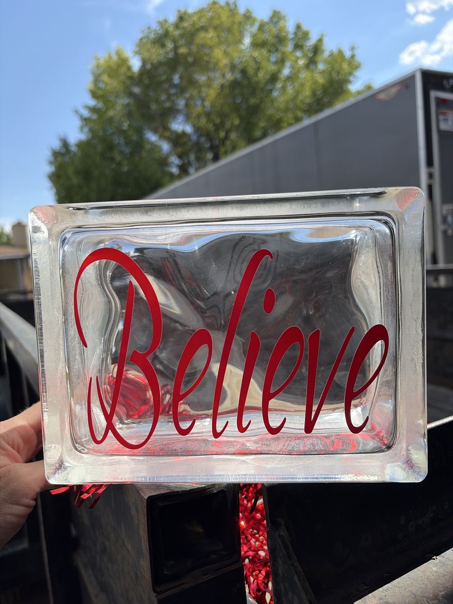 Glass Block Decor "Believe" Red Lettering Home Accent Piece