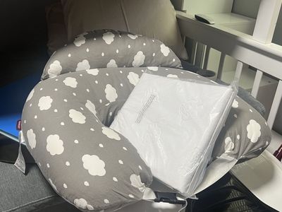 Boppy Original Nursing Pillow , Gray with White Clouds, and a new crib mattress protector