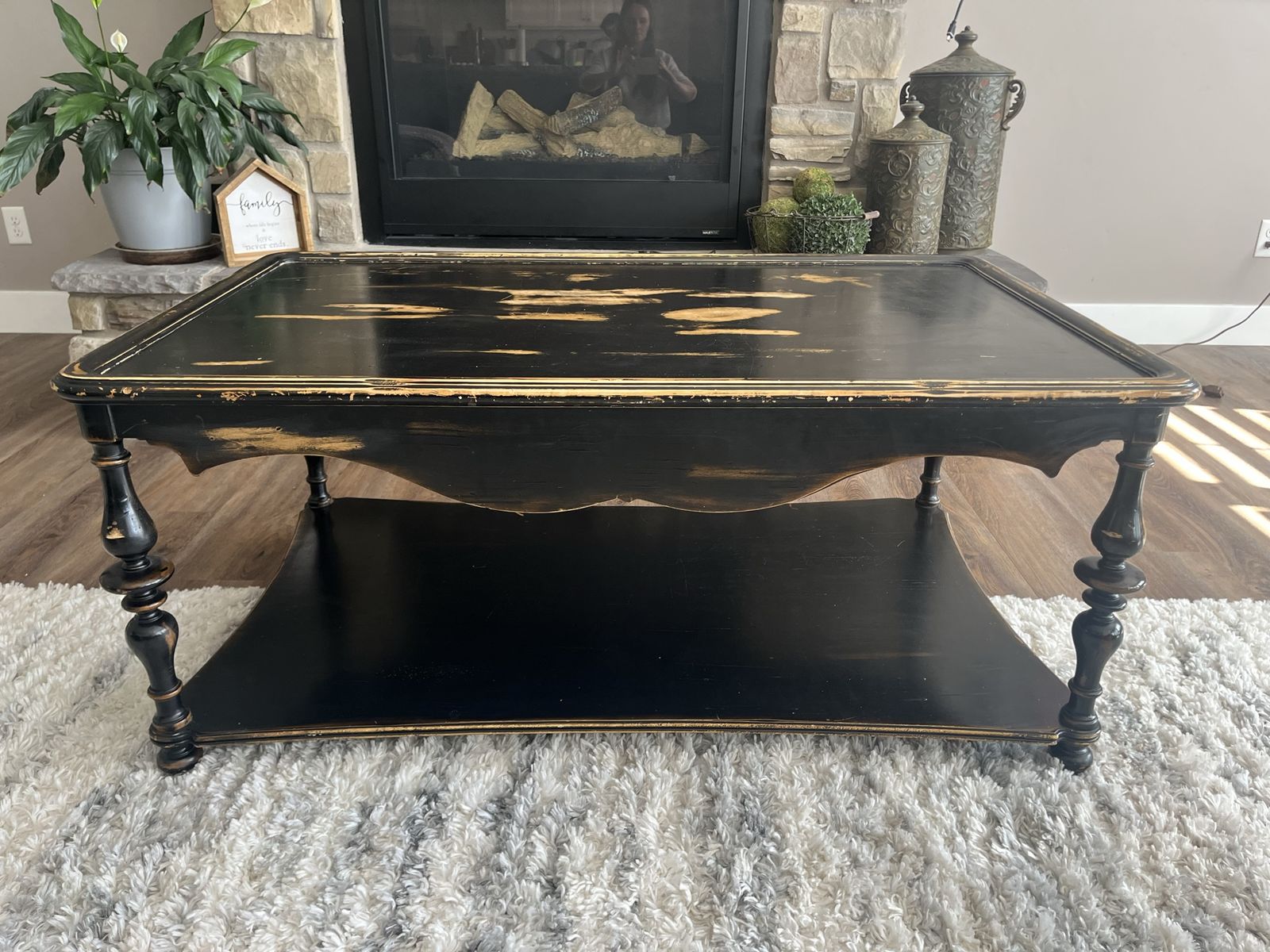 Distressed Black Coffee Table with Lower Shelf - Chic Farmhouse Style Furniture
