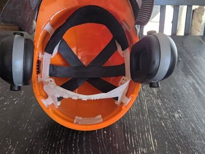 Stihl Woodcutter Safety Helmet w/ Ear Protection & Mesh Visor - Orange, Used